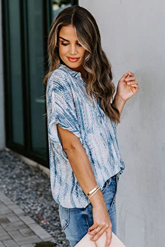 ANCAPELION Women’s Summer Chiffon Blouse Casual Short Sleeve V Neck Shirt Loose Printed Cuffed Sleeve Tunic Tops for Women Line Blue Printed Medium - Image 2
