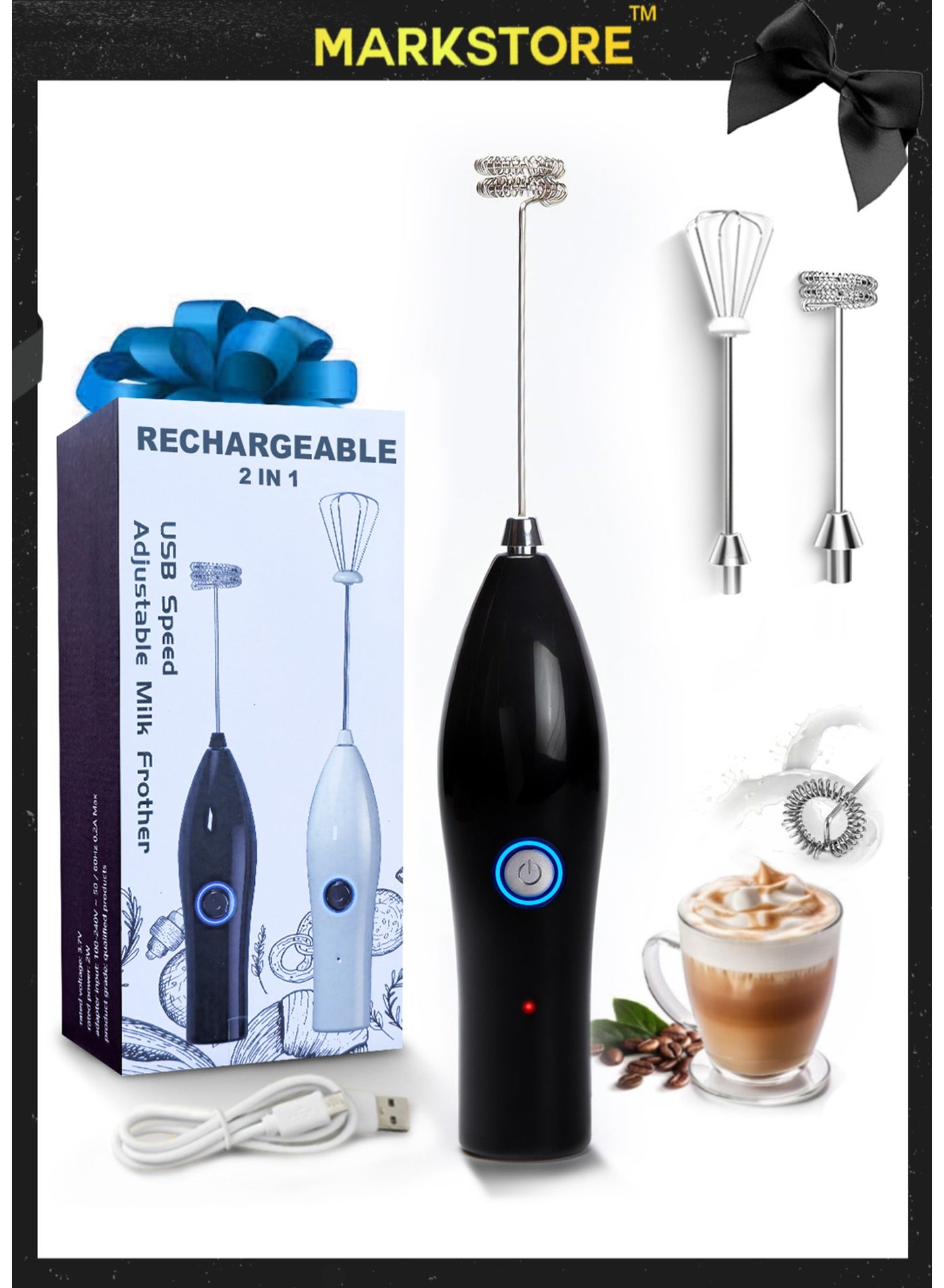 Powerfull Milk Frother & Egg Beater 2 in 1 rechargeable- ultra fast Handheld Drink Mixer - Electric Whisk Foam Maker for Coffee, Lattes, Cappuccino, Frappe, Matcha, Hot Chocolate & Coffee Creamer
