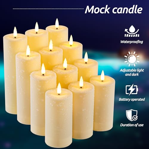 Da by 12 Pack Outdoor Waterproof LED Flameless Candles with Remote Control Timer, Realistic Flickering LED Pillar Candles for Wedding, Festival, Outdoor & Home Decoration-D 3'' H 4'' 5'' 6''7'' - Image 3