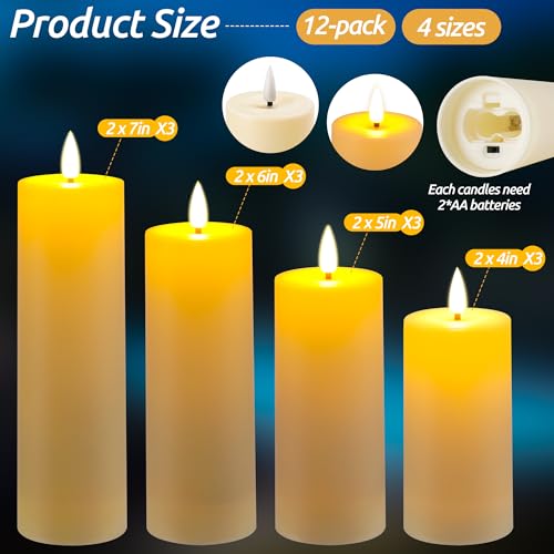 Da by 12 Pack Outdoor Waterproof LED Flameless Candles with Remote Control Timer, Realistic Flickering LED Pillar Candles for Wedding, Festival, Outdoor & Home Decoration-D 3'' H 4'' 5'' 6''7'' - Image 2