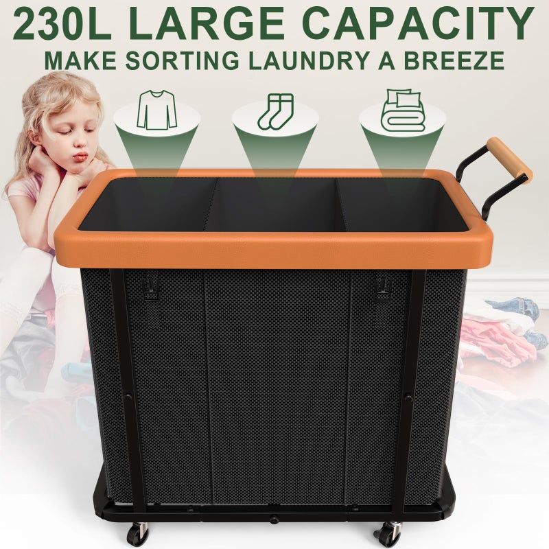 kunlabori 230L (60 Gal) Extra Large Fashion Laundry Sorter 3 Section with Lid, Rolling Laundry Basket Hamper with Handle, Laundry Organizer Storage Cart with Sturdy Metal Frame for Laundry Room, Hotel, Black - Image 2