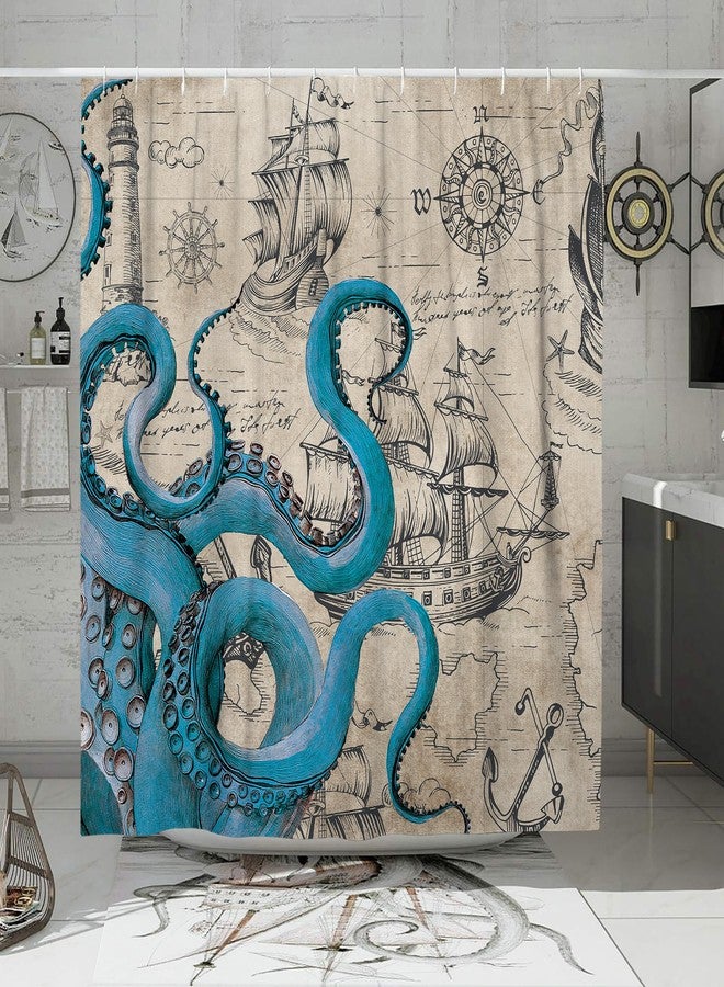 DESIHOM Vintage Nautical Octopus Shower Curtain Set, Funny Ocean Kraken Shower Curtains for Bathroom, Beach Coastal Pirate Map Decor Polyester Fabric-72" x 72" - Image 1