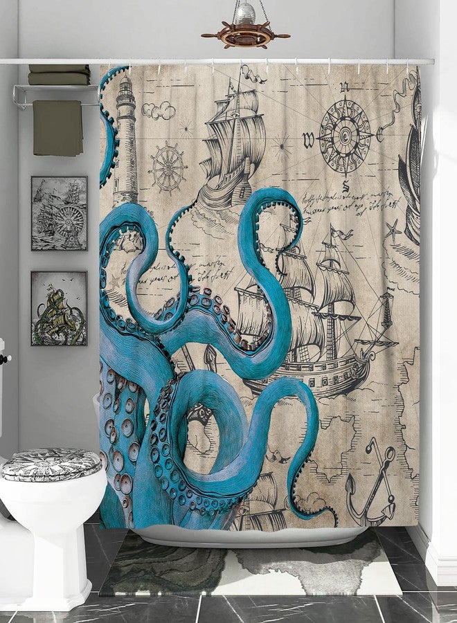DESIHOM Vintage Nautical Octopus Shower Curtain Set, Funny Ocean Kraken Shower Curtains for Bathroom, Beach Coastal Pirate Map Decor Polyester Fabric-72" x 72" - Image 3