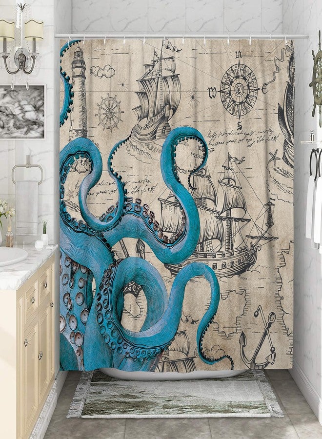 DESIHOM Vintage Nautical Octopus Shower Curtain Set, Funny Ocean Kraken Shower Curtains for Bathroom, Beach Coastal Pirate Map Decor Polyester Fabric-72" x 72" - Image 2
