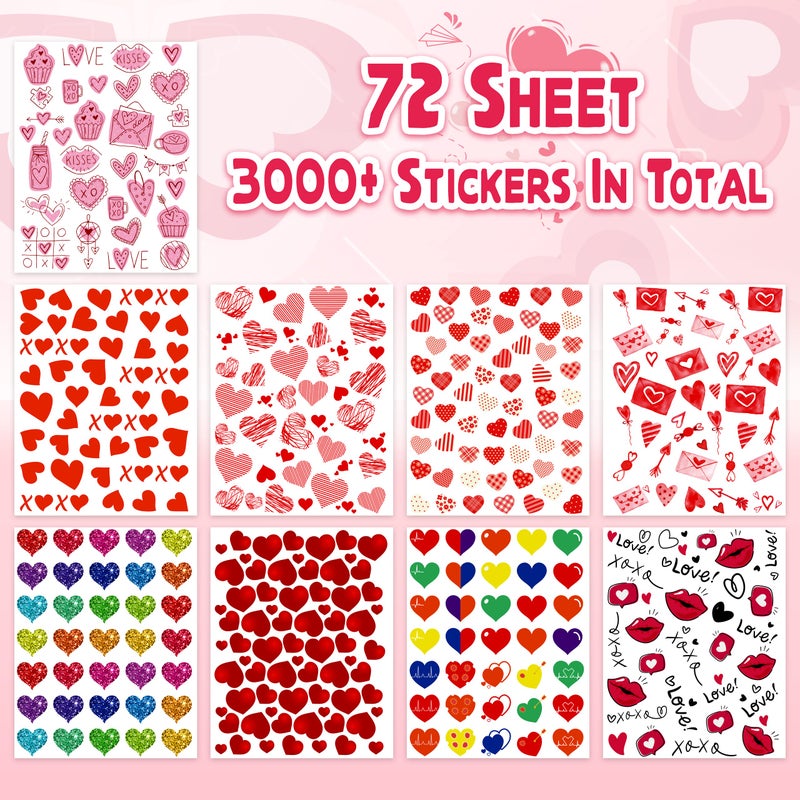 Linaye Valentines Heart Stickers For Kids - 3000Pcs Cute Valentines Day Stickers 72 Sheets Love Stickers For Cards Envelopes Craft Scrapbooking Valentine Day Party Supplies Favors For Girls Boys - Image 3