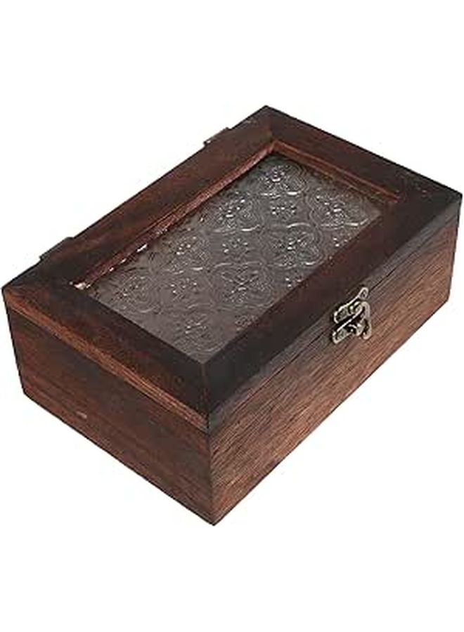 Vintage Wooden Jewelry Box with Glass Lid Dustproof Storage for Makeup Trinkets - Image 1
