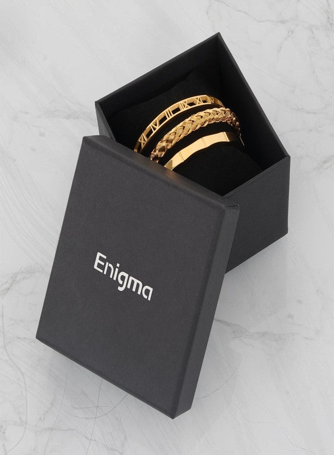 Enigma 3PCS Stainless Steel Mens Bracelet, Roman Numeral Bangle Bracelet, Easy Hook Clasp, Adjustable Cuff Bangles, Gold Bracelets For Men, Bangles For Gifts (Gold) - Image 3