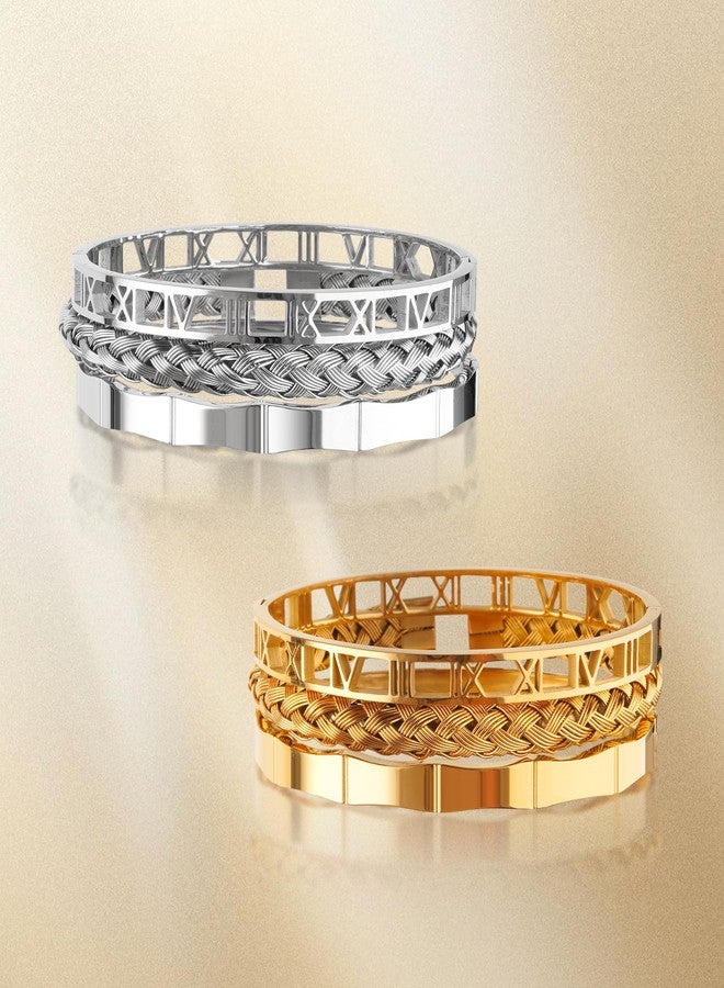 Enigma 3PCS Stainless Steel Mens Bracelet, Roman Numeral Bangle Bracelet, Easy Hook Clasp, Adjustable Cuff Bangles, Gold Bracelets For Men, Bangles For Gifts (Gold) - Image 2