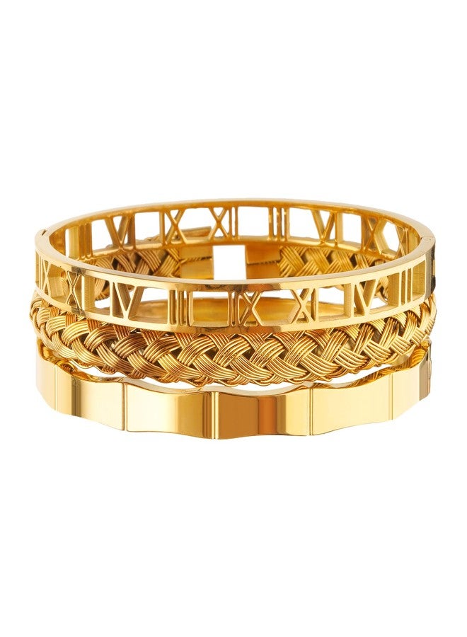 Enigma 3PCS Stainless Steel Mens Bracelet, Roman Numeral Bangle Bracelet, Easy Hook Clasp, Adjustable Cuff Bangles, Gold Bracelets For Men, Bangles For Gifts (Gold) - Image 1