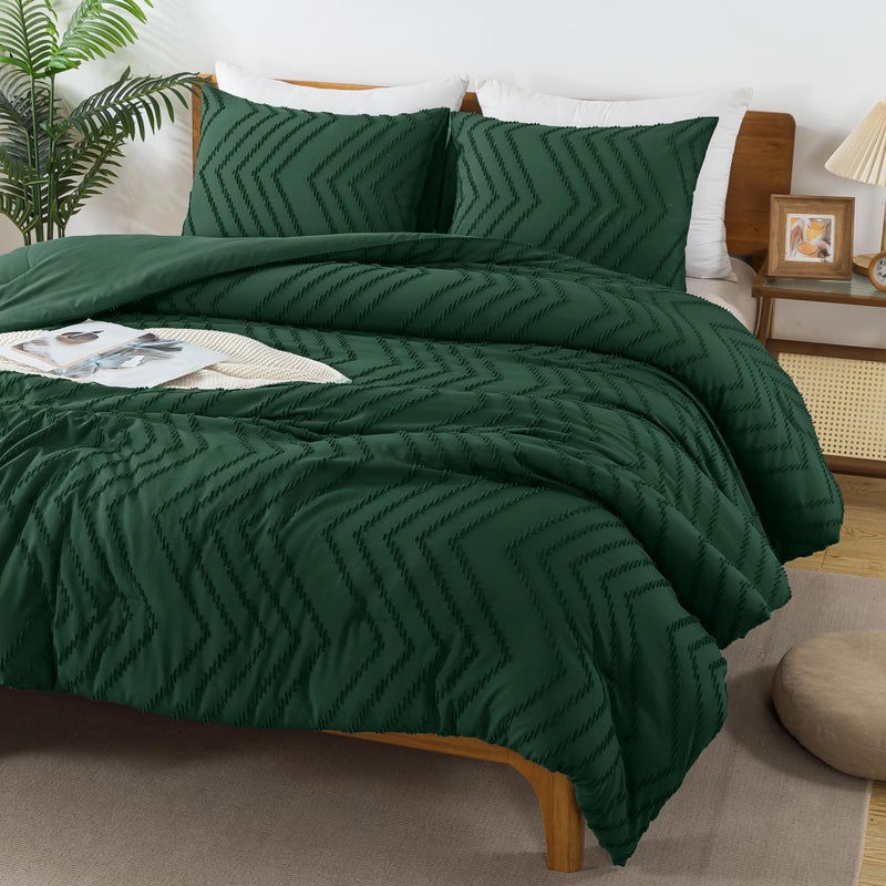 Andency Oversized Super King Comforter Set 120x120 Dark Emerald Green  Extra Large King Size Comforter Oversize Boho Soft Warm Bedding Comforter Sets  3 Pieces Aesthetic Chevron Textured Bedding Set - Image 1
