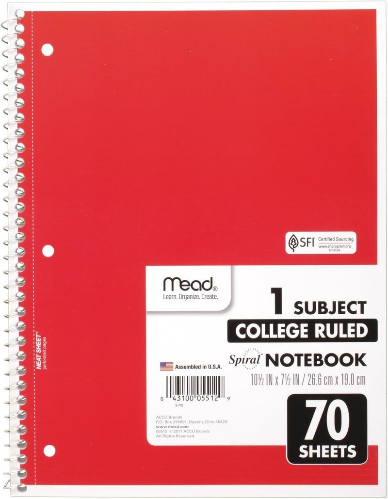 Mead Spiral Notebooks, 1 Subject, College Ruled, 70 Sheets, Red (05512AB5) - Image 1