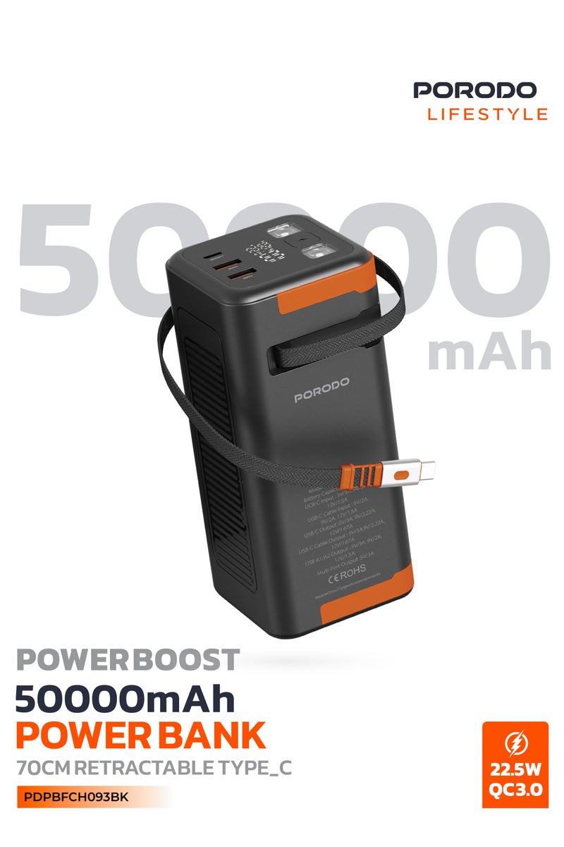 porodo Power Boost 50000 mAh Power Bank with 70cm Retractable Type-C Cable & Flashlight / PD 20W & QC 22.5W Fast Charging / Simultaneous Charging / Info Display / Portable Powerbank with Large Capacity - Black - Image 3