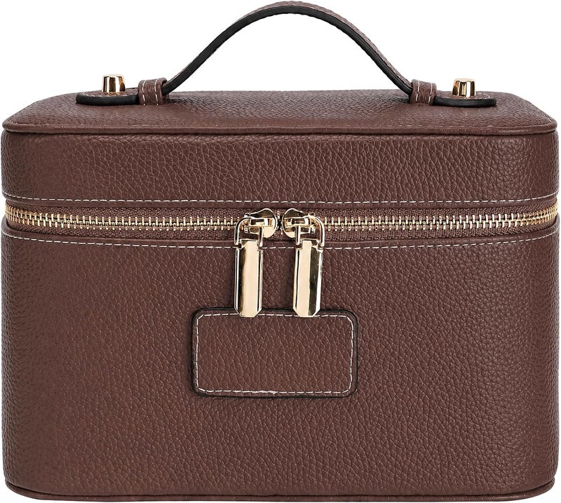 idoltimes Makeup Bag, Cosmetic Case Leather Cosmetic Bag with Removable Divider Waterproof Portable Travel Toiletry Bags Makeup Organizer Case, Brown - Image 1