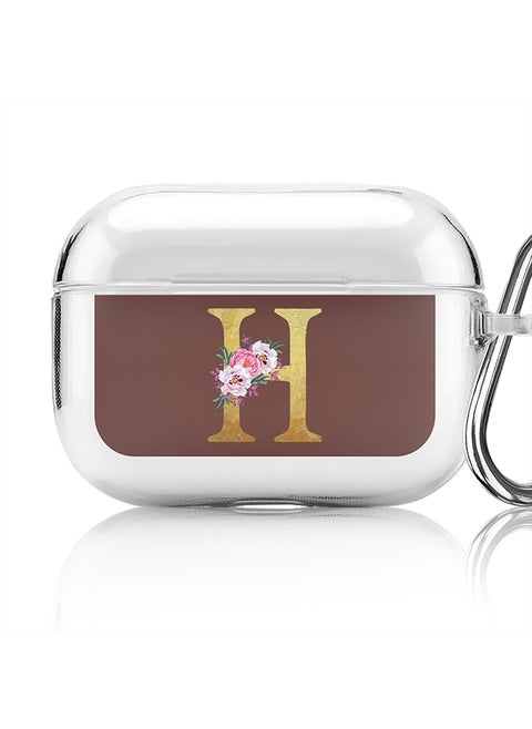 Classic Clear printed Case for Apple Airpods Pro Soft TPU Gel Thin Transparent Flexible Cover - Custom Monogram Initial Letter Floral Pattern Alphabet - H (Brown )