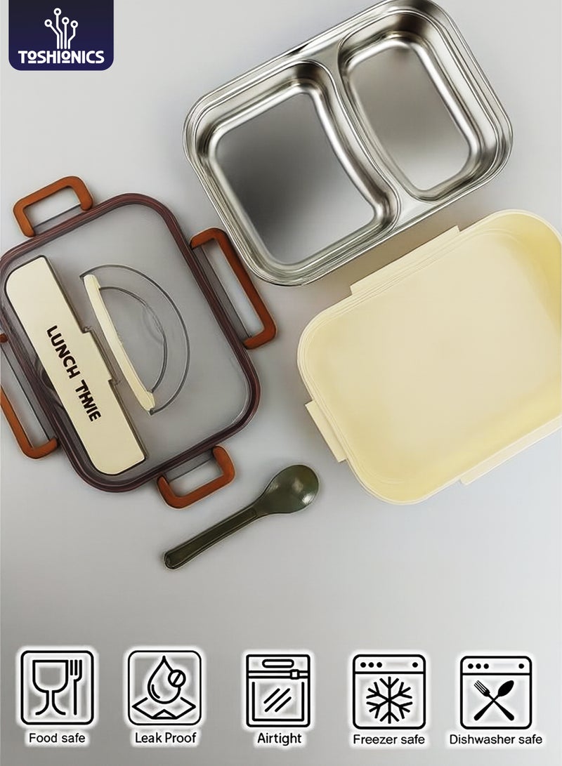 Toshionics 2-Compartment Stainless Steel Lunch Box with Spoon, Removable Tray, Hidden Cutlery Storage, Leakproof BPA-Free Lid – 1.6L, for School, Office, Travel, Gym - Image 1