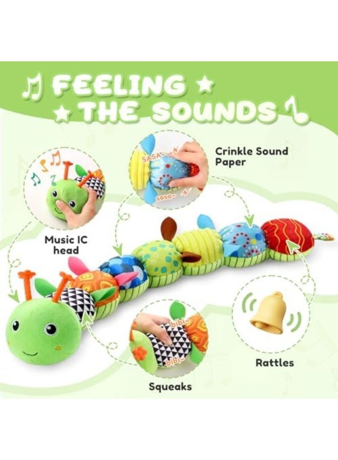 ألعاب أطفال من 0 إلى 12 شهرًا، ألعاب حيوانات محشوة موسيقية بنشاط، ألعاب ناعمة مع أصوات، رنين وملمس متعدد الحواس، ألعاب زمن البطن للأطفال الرضع للذكور والإناث، دودة القز، لون أخضر - Image 3