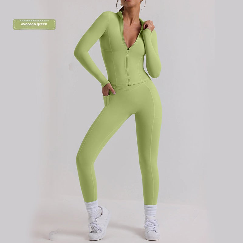 Generic New Long-Sleeve Yoga Suit Fitness Set for Women avocado green Avocado green