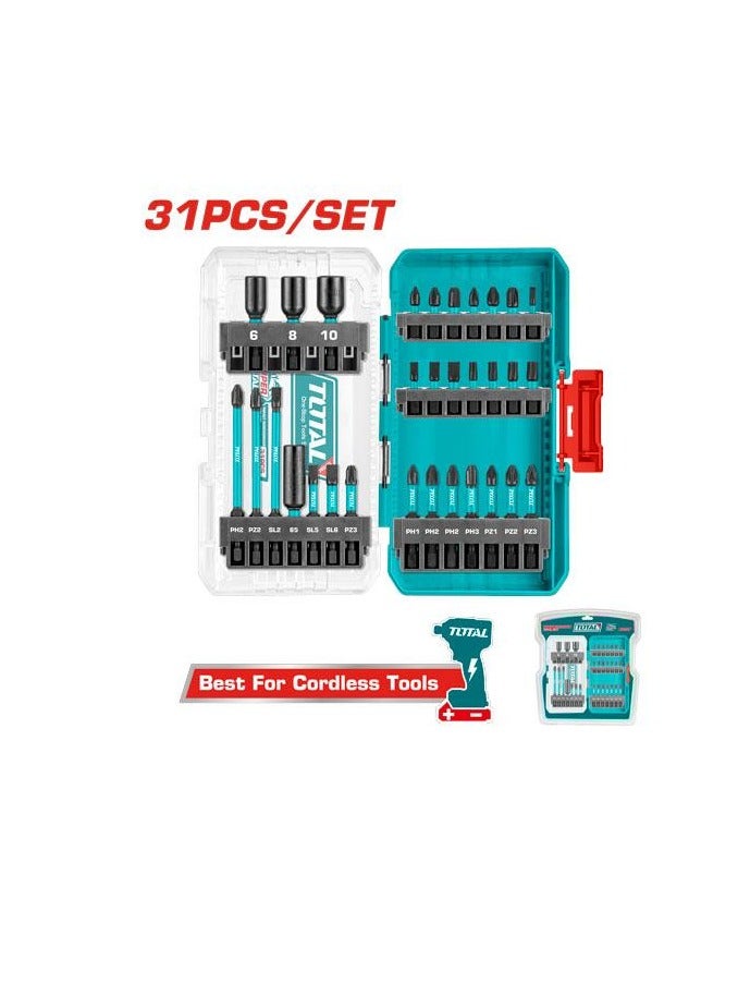 TOTAL Total 31-Piece Impact Screwdriver Bits Set – Includes 14 x 25mm, 10 x 50mm, 3 x 48mm Magnetic Nuts, 3 x 89mm Bits, and Impact Bit Holder – Compatible with Drills and Power Tools – Perfect for DIY and Professional Use  - Image 1