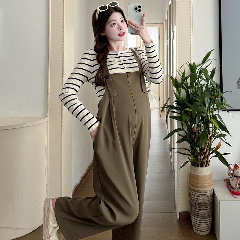 Pregnant Womens Wear Overalls Loose Casual Straight Pants Slimming Trousers Long Sleeve Striped Top suit Trendy Khaki overalls - Image 1