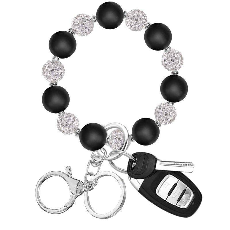 M-Plateau Wristlet Keychain, Silicone Beaded Wrist keychain with Key Ring for Women, Elastic Keychain Bracelet (Black Silver) - Image 1