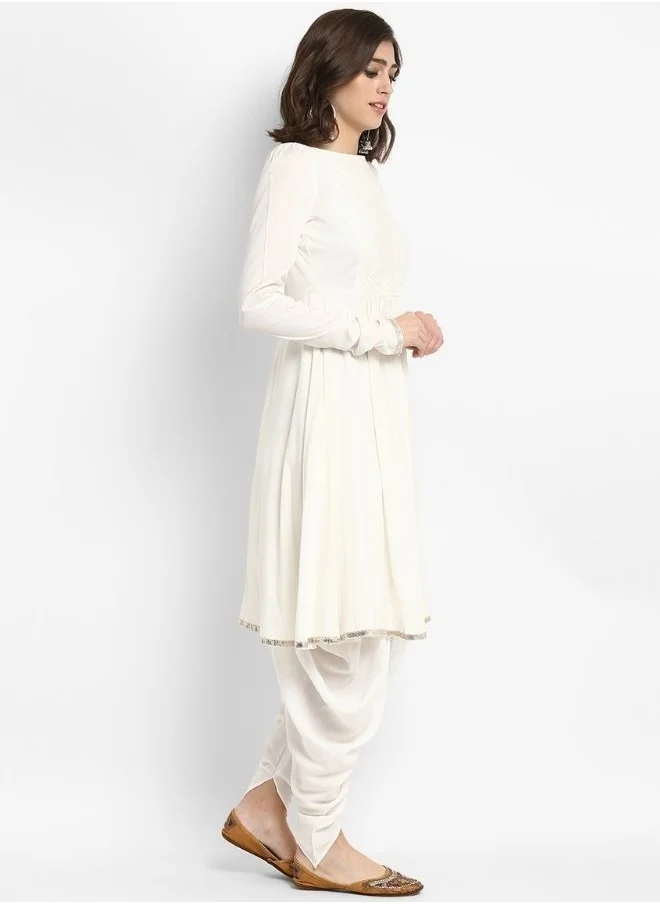 Abhishti White Banarasi Flared Kurta with Churidar Sleeves