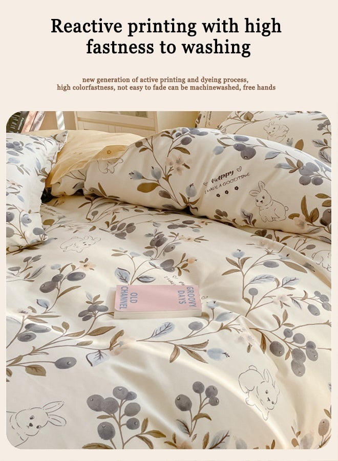 4-Piece Botanical Rabbit Print Cotton Bedding Set, 200×230cm, Double/King Size, Cream White - Image 3