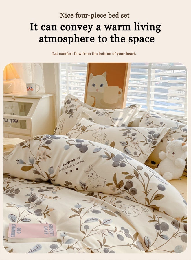 4-Piece Botanical Rabbit Print Cotton Bedding Set, 200×230cm, Double/King Size, Cream White - Image 4