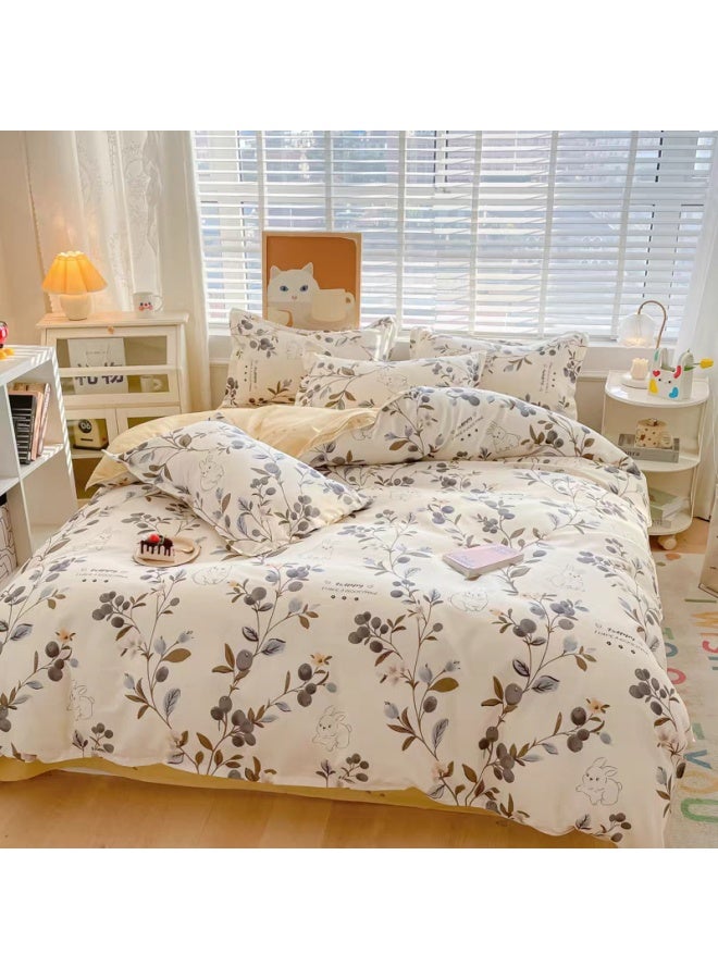 4-Piece Botanical Rabbit Print Cotton Bedding Set, 200×230cm, Double/King Size, Cream White - Image 5