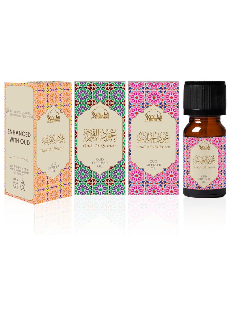 Dukhni Arabian Oud Diffuser Oil Set – Oud Ibtisam, Qamar & Habayeb | 3 x 10ml Premium Fragrance Oils | Long Lasting Aromatherapy | Vegan & Cruelty-Free - Image 1