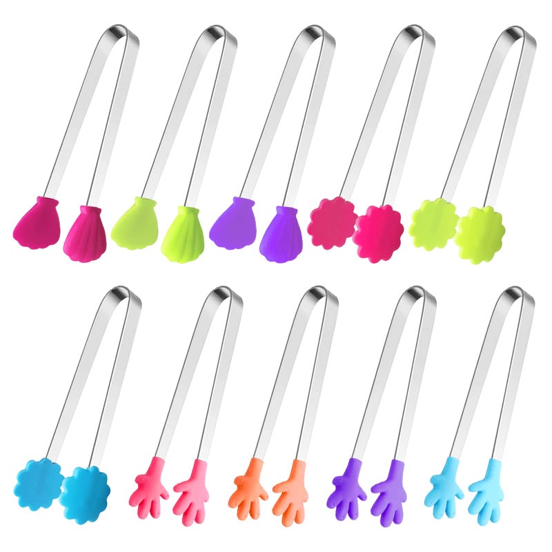 10PCS Silicone Mini Tongs 5Inch Hand Shape Food Tongs Colourful Small Kids Tongs for Serving Food Ice Cube fruits Sugar Barbecue by Sunenlyst Palm flower assorted