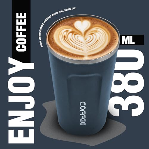 Lyrovo Insulated Travel Coffee Mug Spill Proof Leak Proof Pobtable to Go Camping Stainless Steel Coffee Tumbler Reusable Coffee Cups with Lids Thermos for Hot and Cold Drink (Navy Blue, 380ml) - Image 3