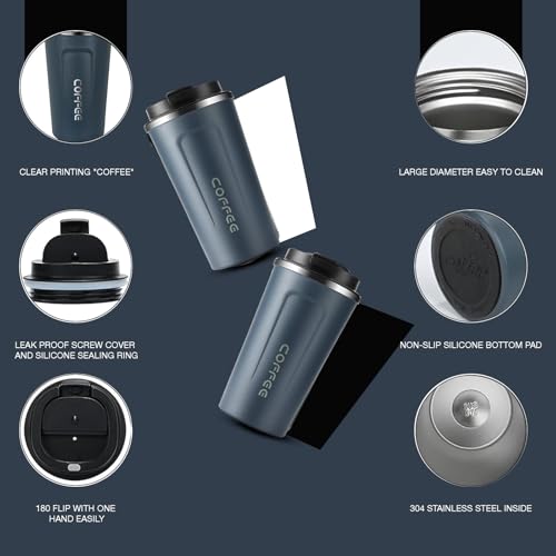 Lyrovo Insulated Travel Coffee Mug Spill Proof Leak Proof Pobtable to Go Camping Stainless Steel Coffee Tumbler Reusable Coffee Cups with Lids Thermos for Hot and Cold Drink (Navy Blue, 380ml) - Image 2