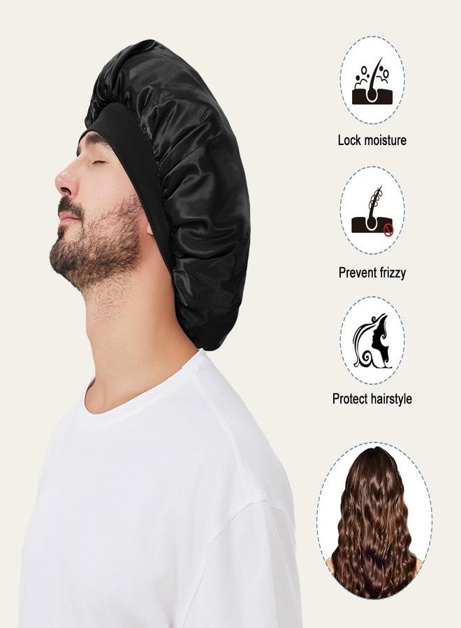 Supaze 2 PCS Satin Silk Bonnet for Men Women, Hair Bonnet for Sleeping Men with Elastic Band, Large Silk Bonnet for Men Women Curly Hair Braids (Black+Blue) - Image 4