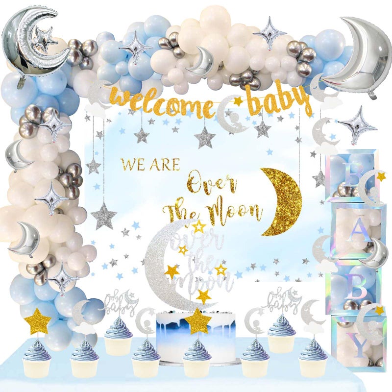 Fiesec 154 PCs Over The Moon Baby Shower Decorations, Fiesec We Are Over The Moon Baby Shower Decorations Backdrop Balloon Garland Glitter Banner Cake Cupcake Topper Boxes Cutout Starry Night Galaxy Sliver - Image 1