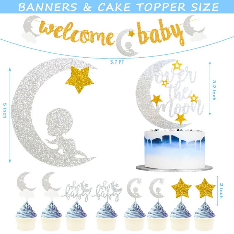 Fiesec 154 PCs Over The Moon Baby Shower Decorations, Fiesec We Are Over The Moon Baby Shower Decorations Backdrop Balloon Garland Glitter Banner Cake Cupcake Topper Boxes Cutout Starry Night Galaxy Sliver - Image 3