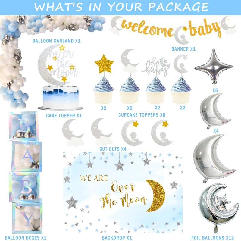Fiesec 154 PCs Over The Moon Baby Shower Decorations, Fiesec We Are Over The Moon Baby Shower Decorations Backdrop Balloon Garland Glitter Banner Cake Cupcake Topper Boxes Cutout Starry Night Galaxy Sliver - Image 2