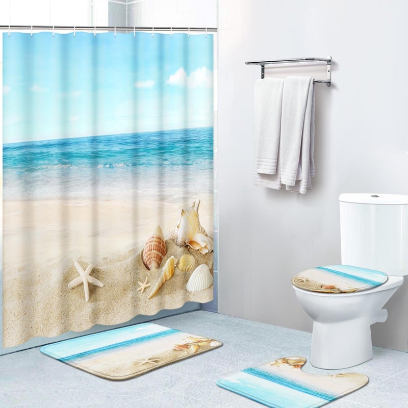 Britimes Britimes 4 Piece Shower Curtain Sets with 12 Hooks Coastal Sea Seashell Landscape with NonSlip Rugs Toilet Lid Cover and Bath Mat for Bathroom Decor Set 72 x 72 