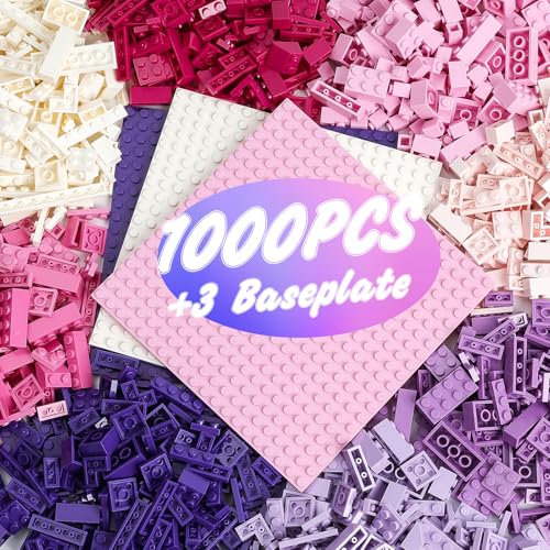 HUIZDQ 1000 قطعة من الطوب الكلاسيكي لوحات قاعدة قابلة للتكديس 3 63 × 63 لوحات قاعدة بيضاء وردية وبنفسجية متوافقة مع جميع العلامات التجارية الرئيسية ألعاب للأطفال من 6 إلى 13 سنة - Image 1
