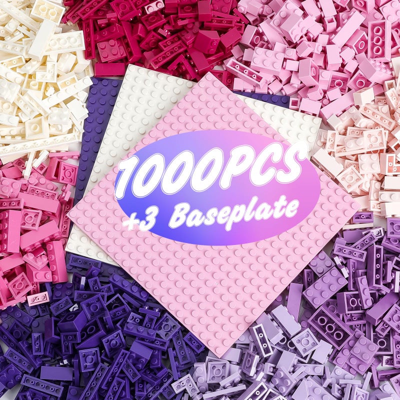 HUIZDQ 1000 قطعة من الطوب الكلاسيكي لوحات قاعدة قابلة للتكديس 3 63 × 63 لوحات قاعدة بيضاء وردية وبنفسجية متوافقة مع جميع العلامات التجارية الرئيسية ألعاب للأطفال من 6 إلى 13 سنة - Image 3