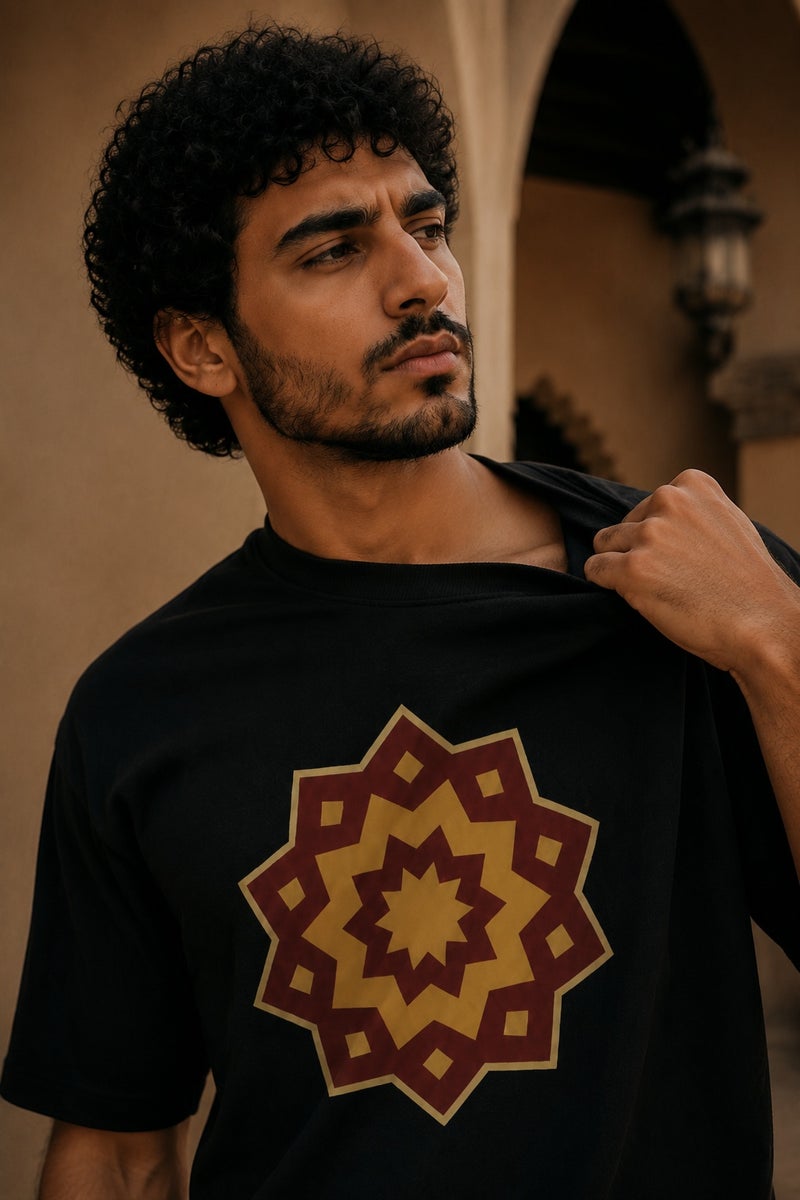 Men's Black Geometric Star Graphic T-Shirt Casual Short Sleeve Crew Neck Streetwear Tee - Image 5