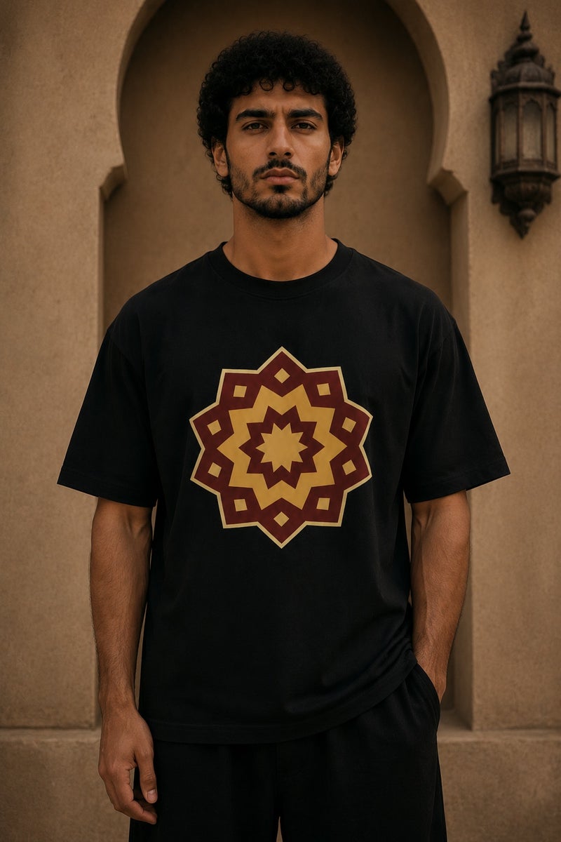 Men's Black Geometric Star Graphic T-Shirt Casual Short Sleeve Crew Neck Streetwear Tee - Image 2