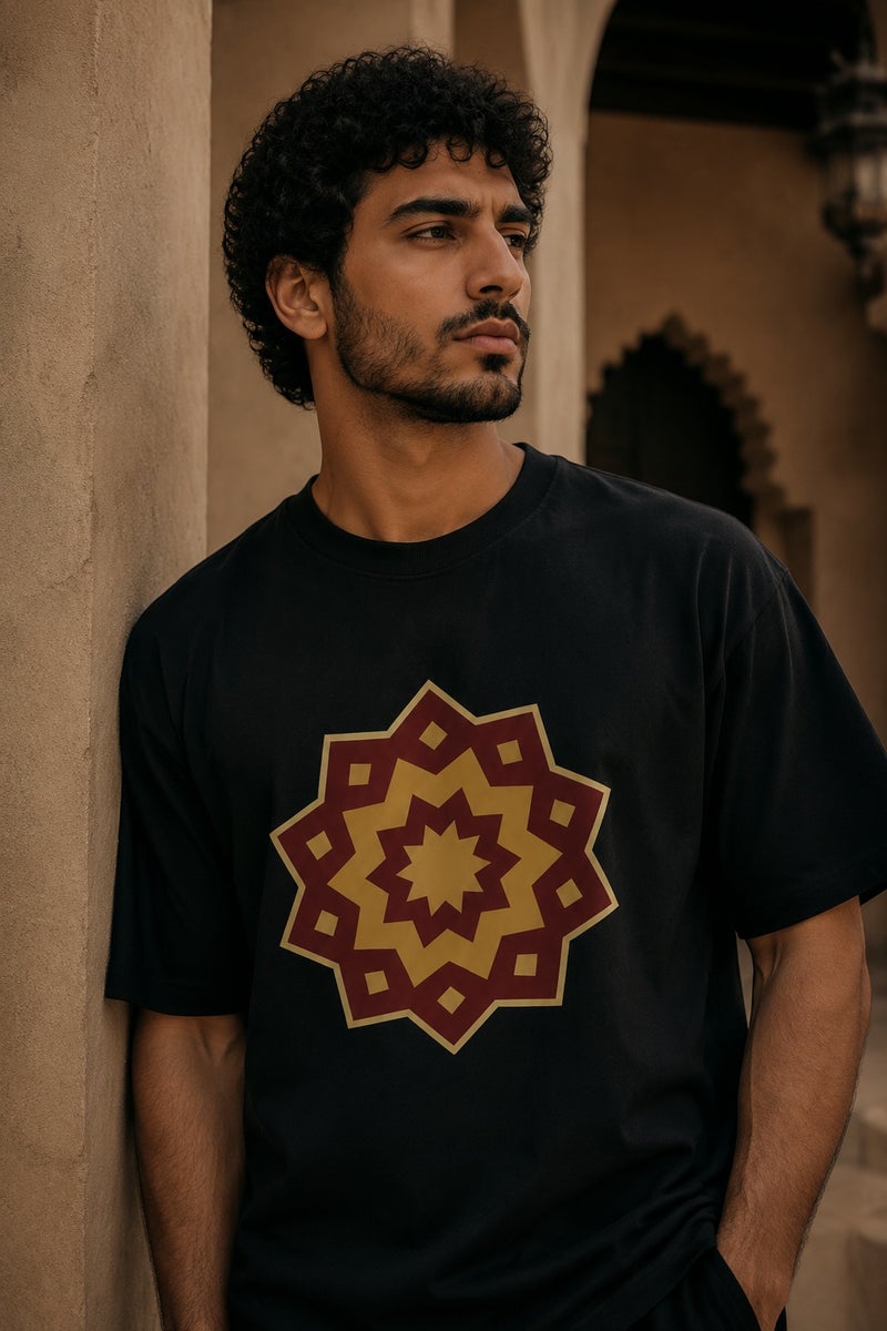 Men's Black Geometric Star Graphic T-Shirt Casual Short Sleeve Crew Neck Streetwear Tee - Image 1