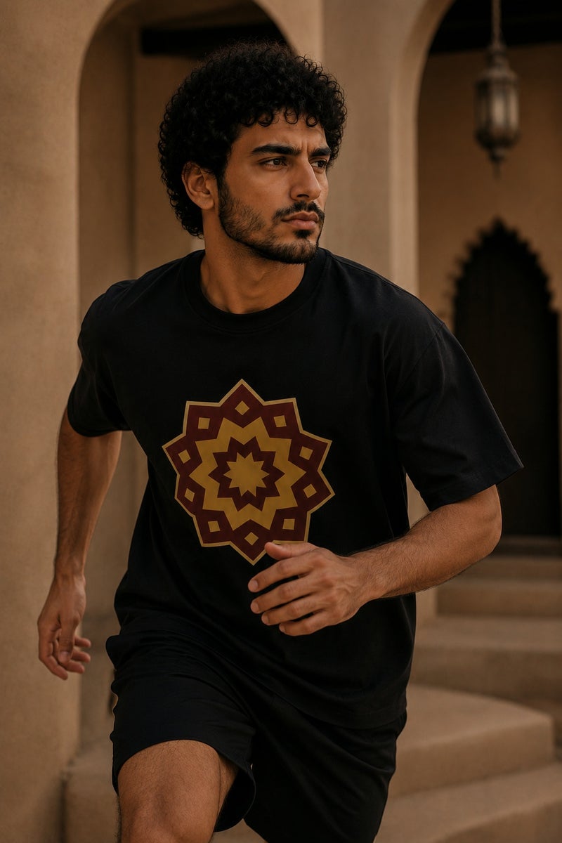 Men's Black Geometric Star Graphic T-Shirt Casual Short Sleeve Crew Neck Streetwear Tee - Image 3