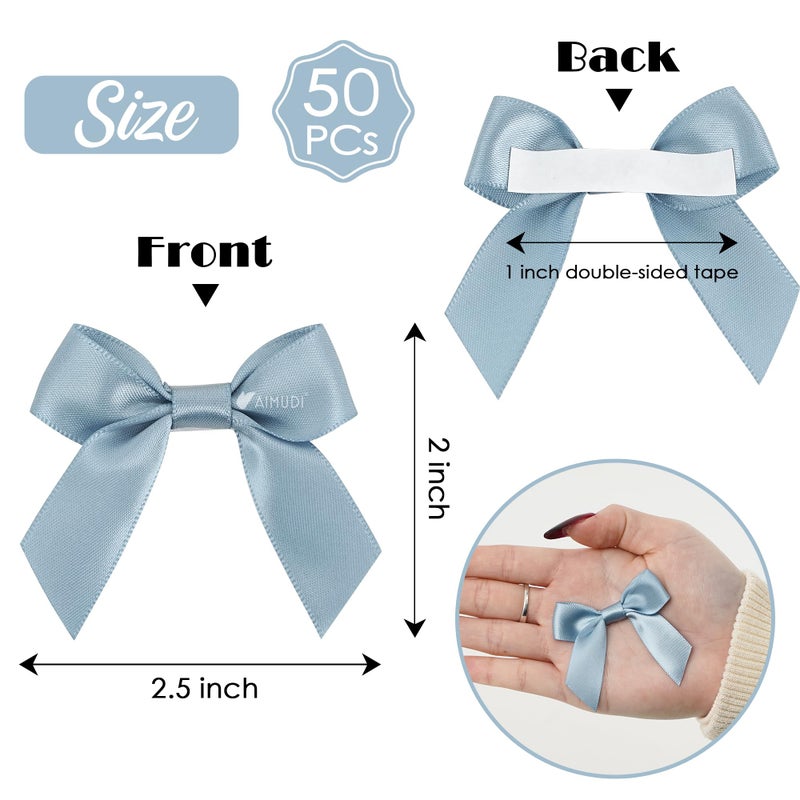 AIMUDI Dusty Blue Satin Ribbon Bows 2" Self Adhesive Satin Bows for Gift Wrapping Premade Ribbon Bows with Double-Sided Tape for Making Crafts Baby Shower Birthday Party Wedding Decorations, 50 PCs - Image 2
