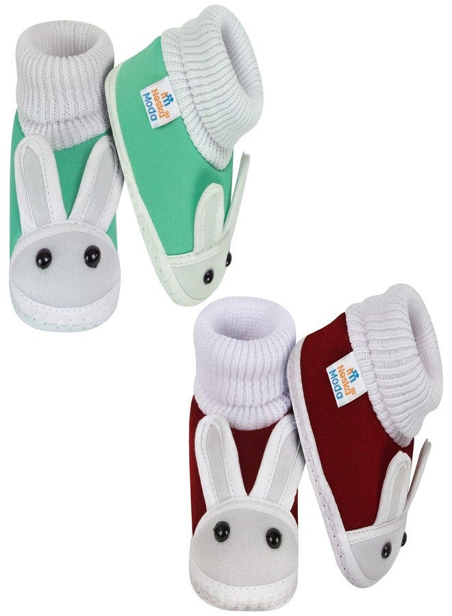 Neska Moda Set Of 2 Pair Unisex Baby Booties for 6 to 12 Months (Green,Maroon) - Image 3