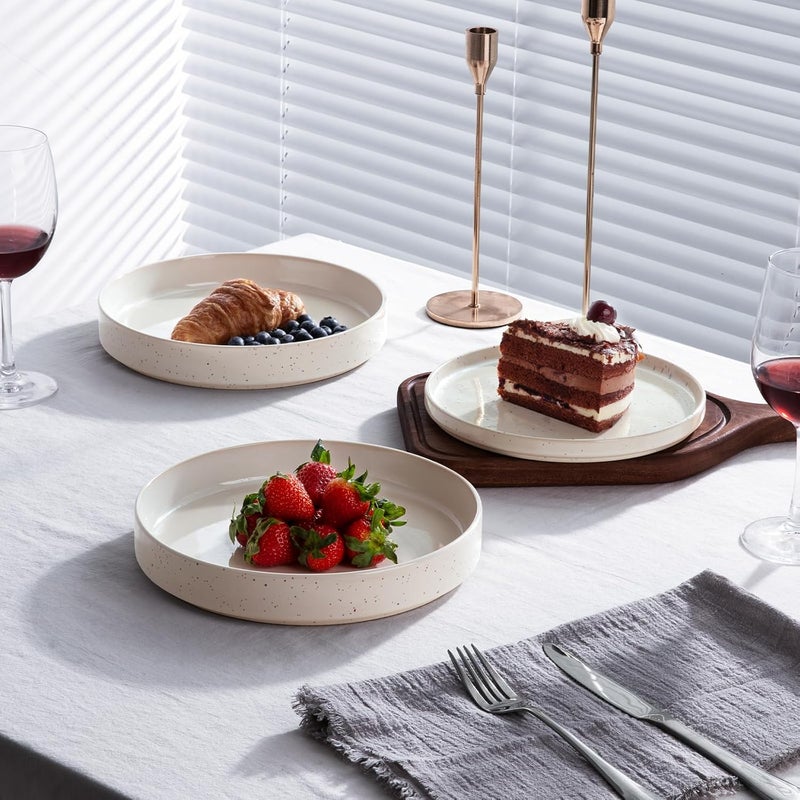 Famiware أطباق باستا فامي وير نيبولا لـ 4 مجموعات أطباق سلطة 875 بوصة أطباق كبيرة واسعة لتقديم العشاء بيضاء كريمية مع بقع ملونة - Image 3