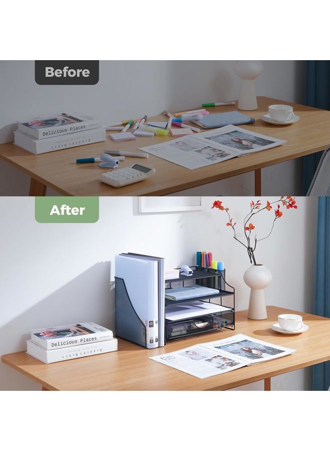 ICOHOT Desk Organizers and Accessories, 4 Tier Paper Letter Tray Organizer Holder Desk Organization with Drawer, Mesh Desktop Organizer with Vertical File Holder Workspace Accessories for Office Supplies - Image 4
