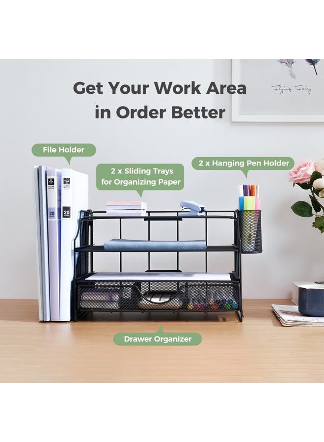 ICOHOT Desk Organizers and Accessories, 4 Tier Paper Letter Tray Organizer Holder Desk Organization with Drawer, Mesh Desktop Organizer with Vertical File Holder Workspace Accessories for Office Supplies - Image 2