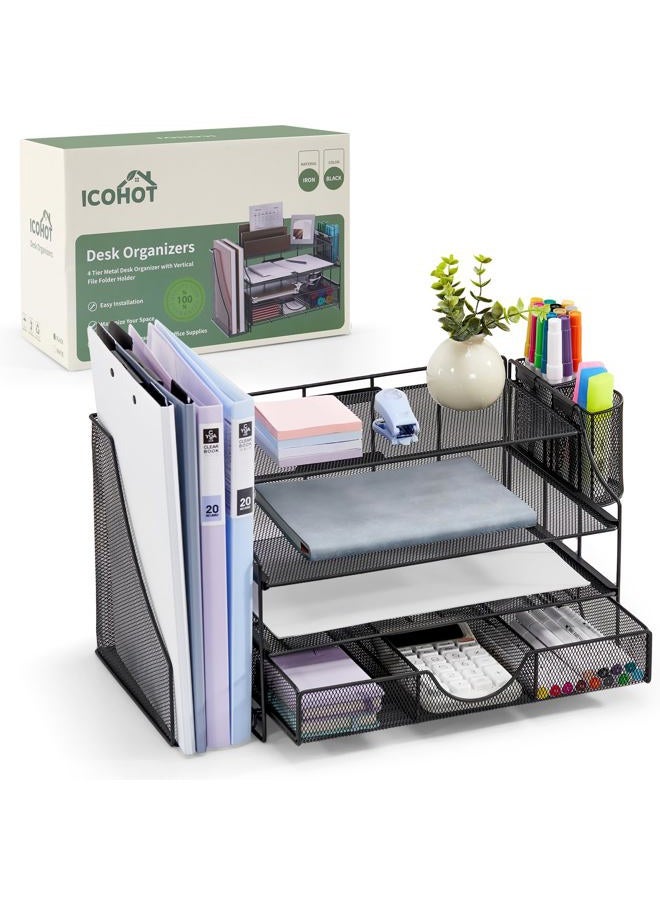 ICOHOT Desk Organizers and Accessories, 4 Tier Paper Letter Tray Organizer Holder Desk Organization with Drawer, Mesh Desktop Organizer with Vertical File Holder Workspace Accessories for Office Supplies - Image 1