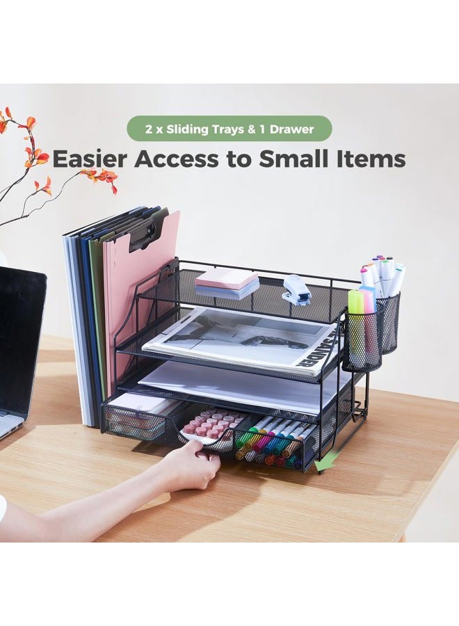 ICOHOT Desk Organizers and Accessories, 4 Tier Paper Letter Tray Organizer Holder Desk Organization with Drawer, Mesh Desktop Organizer with Vertical File Holder Workspace Accessories for Office Supplies - Image 3